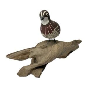 Vintage Hand Carved Wood Quail Hand Painted Bird Art Drift Wood